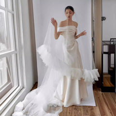 dresses Satin off-Shoulder Wedding Dress 2025 New Bridal Simple Welcome Door Light Yarn Long Split Slimming Light Wedding Dress