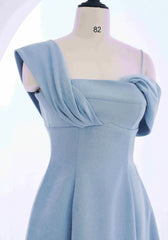 outfit Niche 2025 Elegant Slim-Fit Irregular Shoulder Strap Dress Haze Blue Oblique Shoulder Dress 1142