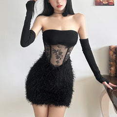 Christmas Plush Mesh Splicing Slim Tube Dress Set