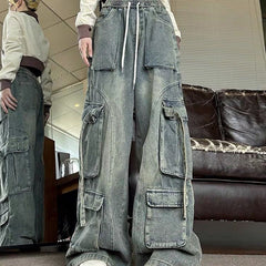 hipster dress to impress Elastic Waist American Retro Wide Leg Meat Covering Straight Harem Loose New Washed Denim Overalls Women's Daddy Fashion