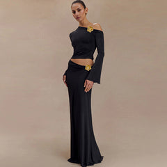 Slant Collar 3D Decoration High Waist Long Skirt Suit