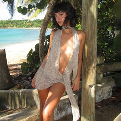 Creative Snake Print Halter Neck Tie Irregular Dress