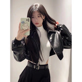 black sweater dress outfit American Retro Black PU Leather Jacket Women's Small Short Niche Leather Jacket Trendy Cool Spring and Autumn