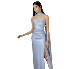 outfit Blue Evening Dress for Women 2025 New French Tube Top Engagement Dress Dinner Bridal Morning Gown