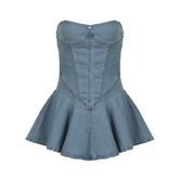 birthday outfit 2025 Summer Tube Top Elastic Waist A- line Dress Split Sexy Lotus Leaf Hem Sheath Denim Skirt