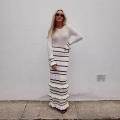 outfit inspo Ruffled Tight Knitted Dress Long Skirt Autumn and Winter 2025 Contrast Color Stitching Elegant Retro Dress