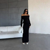 long sweater dress outfit 2025 Autumn and Winter Elegant Slim-Fit Sheath Slimming off-Shoulder Collarbone Black and White Stripe Knitted Dress 82