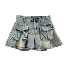 discover style ideas Age-Reducing Pocket Denim Small Skirt Women's Small Hot Girl Pleated Skirt Retro High Waist Anti-Exposure A- line Skirt
