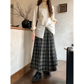 90s fashion 2024 Early Autumn Retro Preppy Style Plaid Pleated Skirt Green Plaid High Waist Mid-Length Skirt
