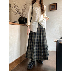 90s fashion 2024 Early Autumn Retro Preppy Style Plaid Pleated Skirt Green Plaid High Waist Mid-Length Skirt