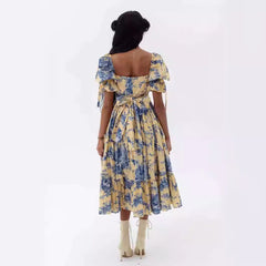 dress to impress 2025 Summer New Square Collar Puff Sleeve Pleated Lace-up Waist Long Printed Dress