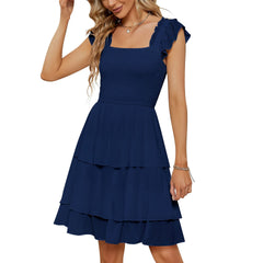 earthy style outfits dress to impress Spring and Summer Women's Solid Color Square Collar Layered Dress