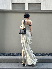 discover style ideas French Ruffled Irregular Sling Dress Summer Seaside Vacation Long