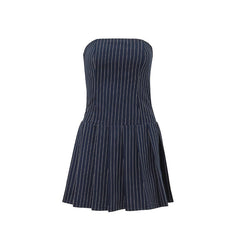 dress to impress Off-Neck Tube Top Dress Women's Summer Fashion Trendy Hot Girl Striped Pleated Dress