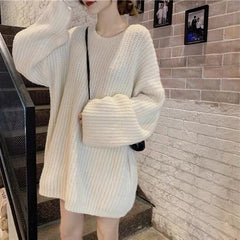 long sweater dress outfit Soft Glutinous Lazy Style Sweater Pullover Autumn 2025 Solid Color round Neck Retro Hong Kong Style Sweater Women's Coat