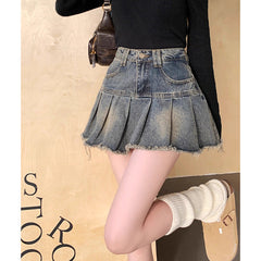 2000s fashion Retro Distressed Frayed Skirt Denim Women's Summer New Skirt Hot Girl Pleated Skirt High Waist A- line Skirt