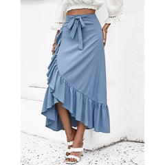 Women's Clothing Skirts Blue Solid Color Spring Autumn Skinny Skirt Lace Up High Waist Ruffle Hem Midi A-line Skirt