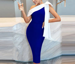 2025 New Women's Stretch Knit Black Blue Bow Tie One Shoulder Sexy Mid-Length Evening Celebrity Cocktail Party Bandag Dress