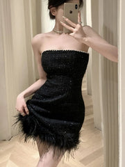 HotSweet Korean Sexy Club Strapless Tweed Short Dress For Women 2025 Summer Luxury Diamond Small Fragrant Evening Party Dress