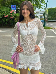 Ruffle Lace Dress For Women Off Shoulder Bandage See Through Mini Dresses Girls Summer Beach Backless Holiday Dress Woman