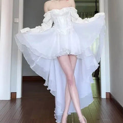 Elegant White Off Shoulder Fairy Dress Chic Princess Puff Dress Mesh Puff Large Hemline Long Dress Girl Birthday Party Dresses