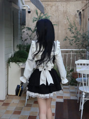 Kawaii Sailor Collar Bow Fungus Long Sleeve Tops Women+ Y2k E-Girl High Waist Lace Black Skirts Summer Sweet Two Piece Sets