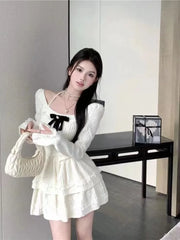 Korean Sweet Lace Square Collar Bow Puff Sleeve Tops Women+ Y2k E-Girl Slim Waist A-line Skirts Spring New Two Piece Sets