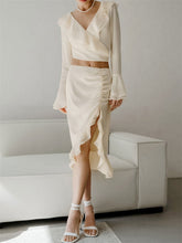 Ruffled V-Neck Mini Skirt Sets For Women Casual Summer Long Sleeve Patchwork Split Solid 2 Piece-Set Crop top Outfits