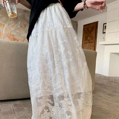 Vintage Lace White Skirt for Women Y2k Grunge High Waist A-line Skirts 2024 Spring Autumn New Mid-length Faldas Mujer