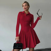 Elegant Slim Folds Mini Dress Female Slinky Waist Shirt POLO Collar Dress Fashion Splice Long Sleeve Party Outfits Woman