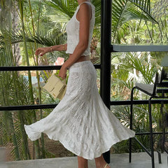 Lace Skirt Suit Women Summer White Slim Sleeveless Crop Tops Ladies Holiday Casual Beach Skirt 2 Piece Set Womens Outfits