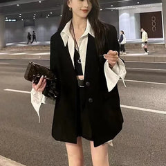 Korean Fashion Fake Two Piece Long Sleeve Coat Women+ Y2k Grunge High Waist Black Skirts 2024 Autumn New Sets