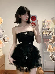 Even Party Black Dress Women Casual Corset Y2k Mini Office Lady Sleeveless Bodycon Lace One Piece Korean