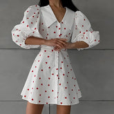 Printed Puff Sleeve Short Dress For Women Lapel Chic Single Breasted Fashion A-Line Patchwork Casual Female Party Dress