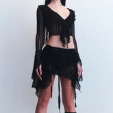 Fairy Coquette Women Y2K Outfits Floral Lace Sheer 2 Piece Set Ruffles V Neck Flare Sleeve Crop Tops + Irregular Hem Mini Skirt
