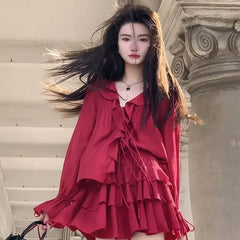 Elegant V-neck Ruffles Long Sleeve Tops Women+ Y2k E-Girl High Waist Ruched A-line Skirts Spring New Red Two Piece Sets