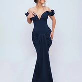 One-shoulder Sexy V-neck Fishtail Dress Female Bodycon Strapless Maxi Gown Party High Waist Ruched Dress Ladies Elegant