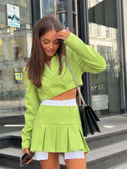 2022 Fall Women Blazer Suit Two Piece Sets Turn-down Collar Blazers Tops And Pleated Skirts Femme High Street Y2K Outfits