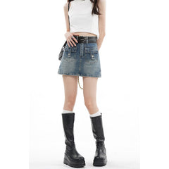 Back to school Women's Vintage Denim Blue Half Body Skirt Korean Fashion Design High Waist Wrap The Buttocks A-Line Short Skirt Ladies Summer