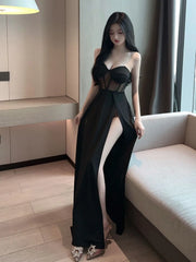 2025 Summer Women's New Sexy temperament Off Shoulder Chest wrapping Fashion Gauze Transparent Split Long ceremonial dress NDR0
