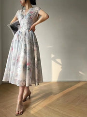 French Vintage Court Style Midi Dress Elegant V Neck Slim Wasit Party Prom Vestidos 2025 Summer One Piece Robe Female Clothes