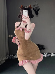 Lingerie Plush Backless Maid Dress Teddy Mature Charm Elegant Gentle Solid New Bear Sexy Lace Bow Buttocks Wrapped Dress CUUY