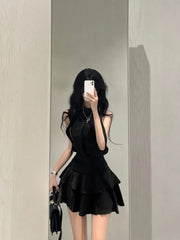 Fashion Off Shoulder Sleeveless Halter Black Tops Women+ Y2k E-Girl High Waist Ruched Skirts 2024 Summer New Two Piece Sets