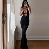 Deep V Neck Dress For Women 2023 Summer Sleeveless Hollow Out Dresses Women's Backless Black Sexy Slim Vestido Femme New