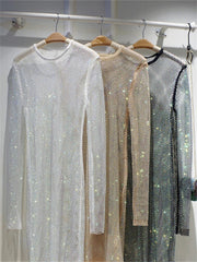 Hollow Out Rinestone Fishnet Dress Sparkle Long Sleeve Oversized Dresses Evening Night Club Party Wear Outfits Cover-Up