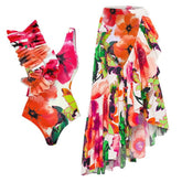 2024 New Flower Printed Ruffle One Piece Women Swimsuit Swimwear with Skirt Ruffle Bathing Suit Monokini Beach Wear Bodysuit