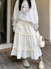 Midi Long Skirts Womens Pleated Skirt Lolita Sweet Spring Autumn High Waisted High Low Ruffle A Line Skirts rok