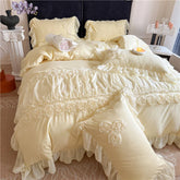 4Pcs Korean Princess Style Flowers Lace Ruffles Bedding Set Queen King Duvet Cover Bed Skirt/Bed Sheet/Fitted Sheet Pillowcase