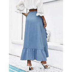 Women's Clothing Skirts Blue Solid Color Spring Autumn Skinny Skirt Lace Up High Waist Ruffle Hem Midi A-line Skirt