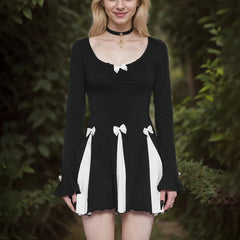 Bows Splice Folds Mini Dress For Women Long Sleeve Contrast Color Bodycon Dress Club Party Hot Girl High Waist Dress Lady